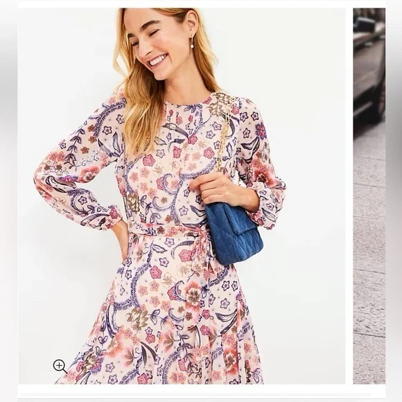 LOFT Floral Puff Sleeve Mini Flare Dress size 12 - Picture 3 of 11